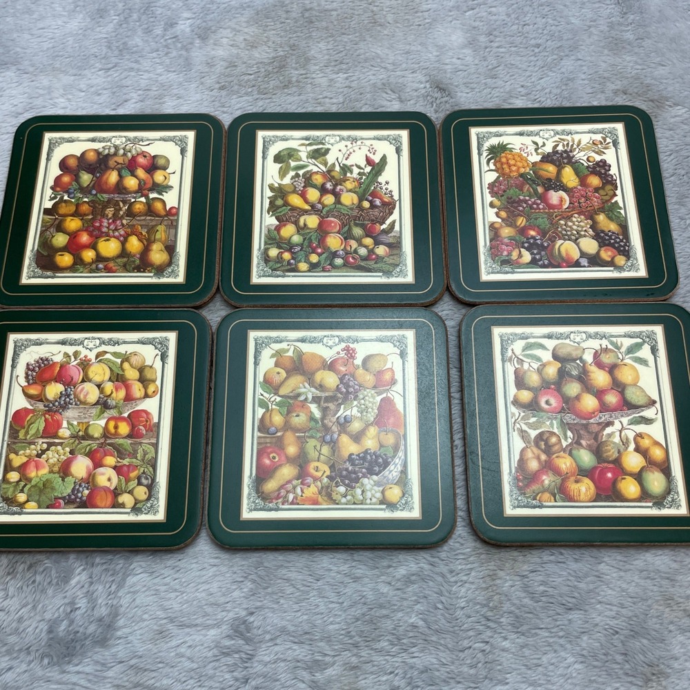 6 Vintage Pimpernel Fruit Coasters Green England Cork Backed Made in England